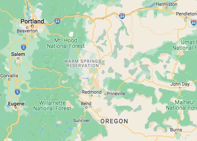 Map with Region around Bend, Oregon